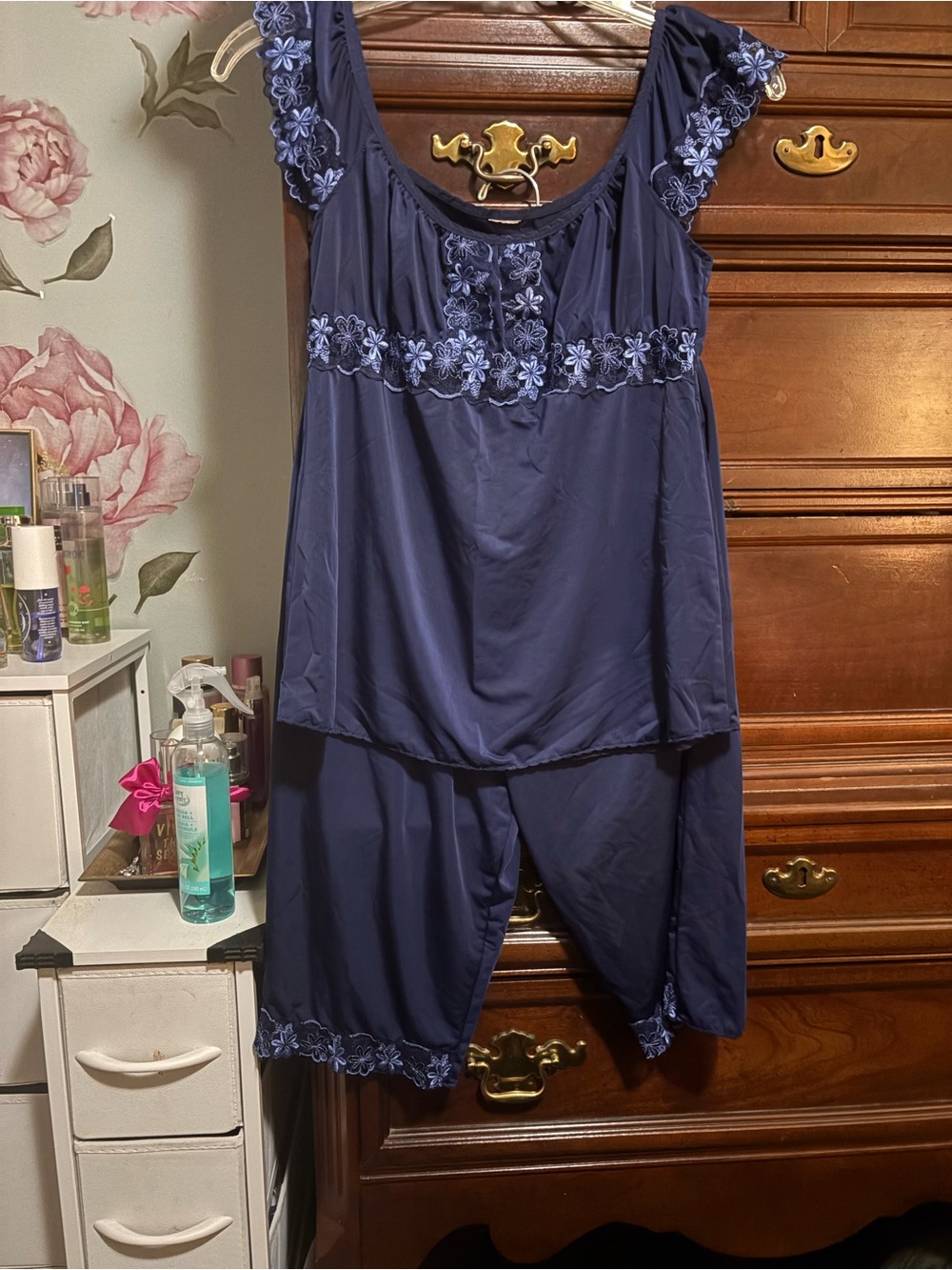 Navy Floral Lace Trim Women’s Sleep Set
